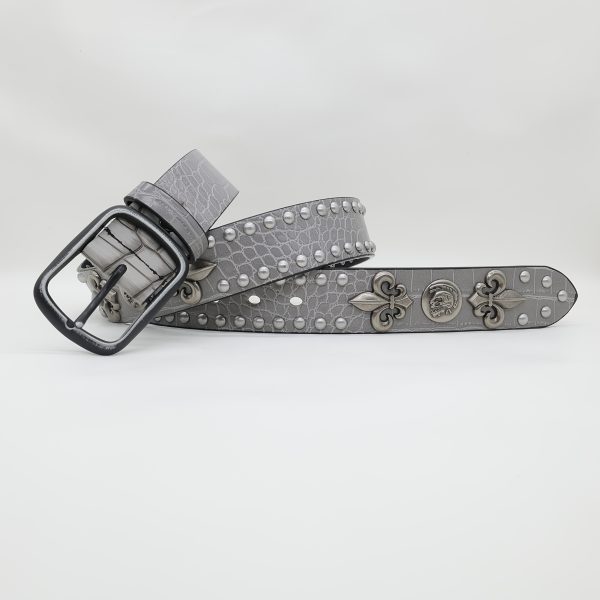 men's vintage punk gray crocodile pattern belt with rivets and floral embossing, faux leather strap with alloy buckle stylish accessory for new year's, teacher's day, back to school, graduation season