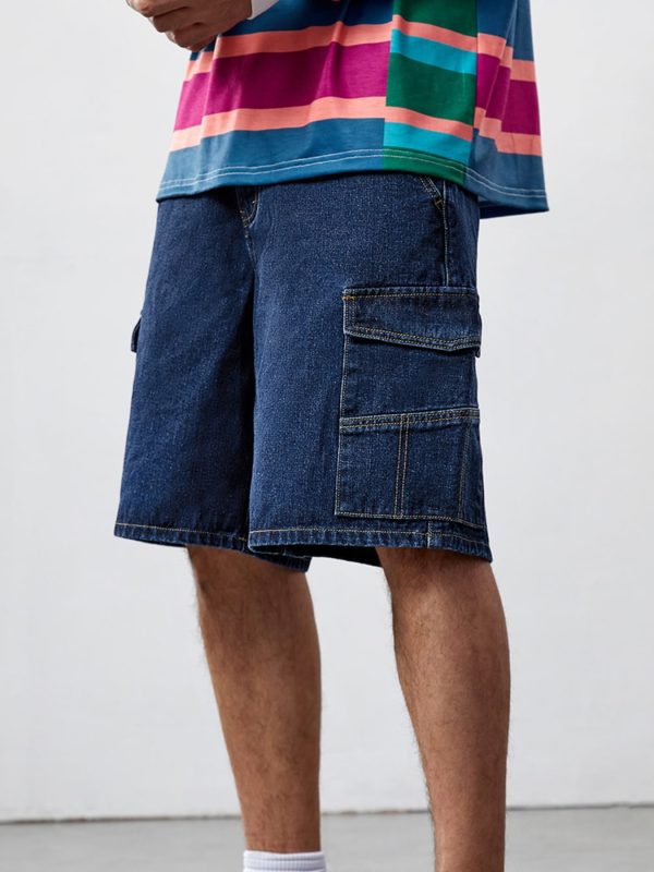 men's denim cargo shorts with zipper & button closure solid color casual summer shorts with multiple pockets, knee length regular fit, machine washable, denim shorts, casual attire