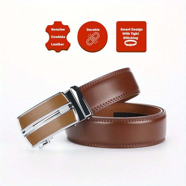 2pcs genuine leather ratchet belt for men adjustable automatic buckle, versatile casual business style, durable alloy buckle, high quality leather panel, easy to wear and suitable for any occasion