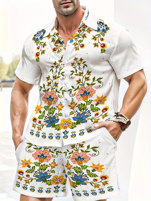 men's stylish floral print short sleeve shirt and drawstring shorts two piece outfit