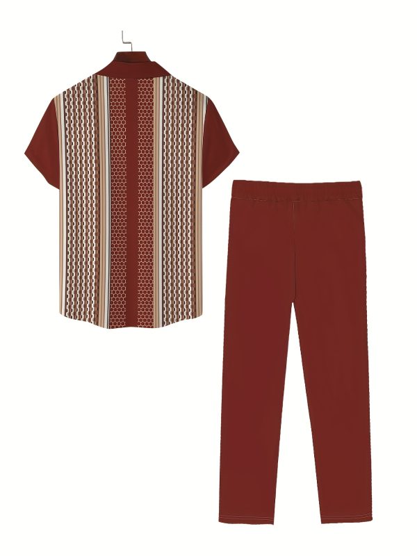 men's casual caramel geometric print short sleeve shirt & pants set stylish brown & beige pattern, comfortable non stretch polyester, all season wear with pockets, casual attire|stylish casualwear|polyester fabric