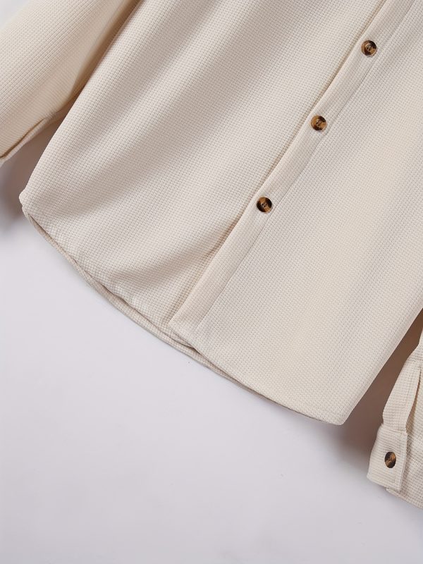 men's waffle knit two piece set pocket shirt jacket and drawstring trousers, urban smart casual outfit