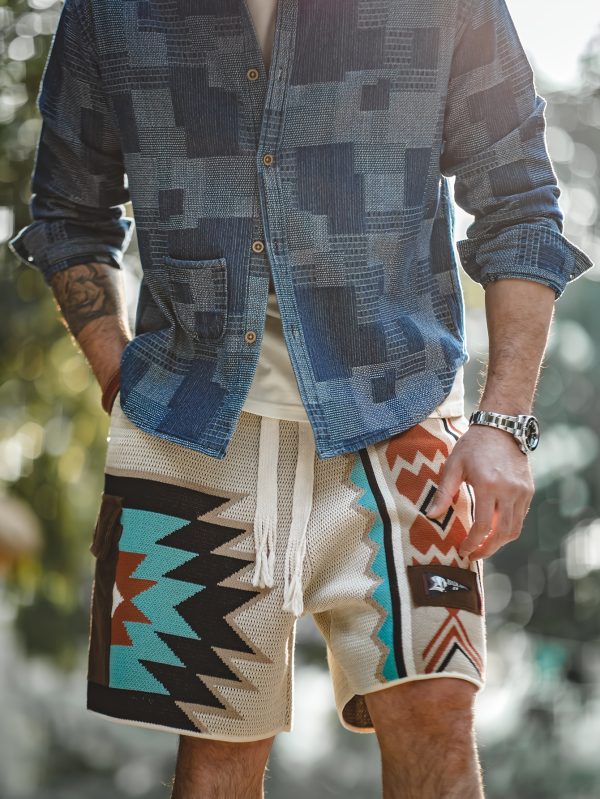 maden men's retro ethnic pattern knit shorts with drawstrings, casual trendy loose board shorts for summer vacations