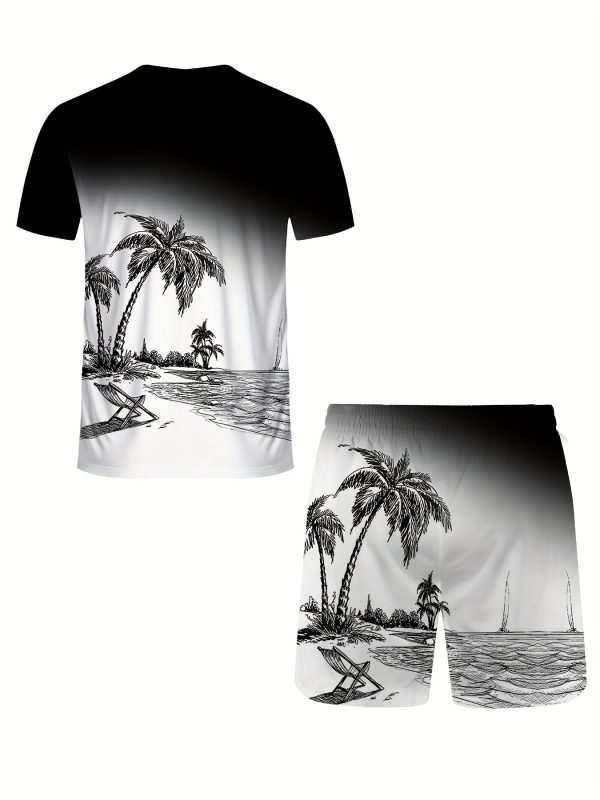 mens summer escape tropical coconut trees pattern 2 piece set lightweight casual t shirt & shorts for fun outdoor adventures