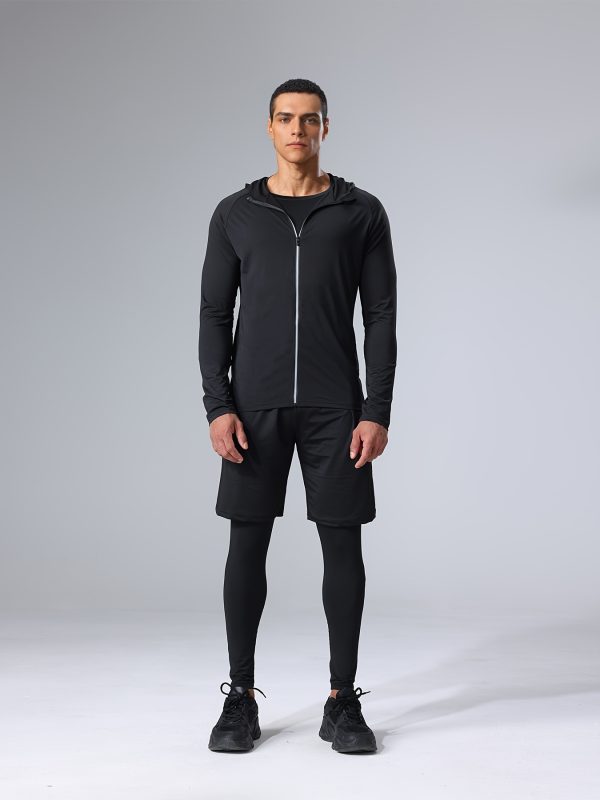 4pcs athletic sportswear set, polyester 95% elastane 5% knit fabric, all season crew neck hoodie, skinny fit solid color, breathable quick dry for running, fitness, cycling & outdoor activities