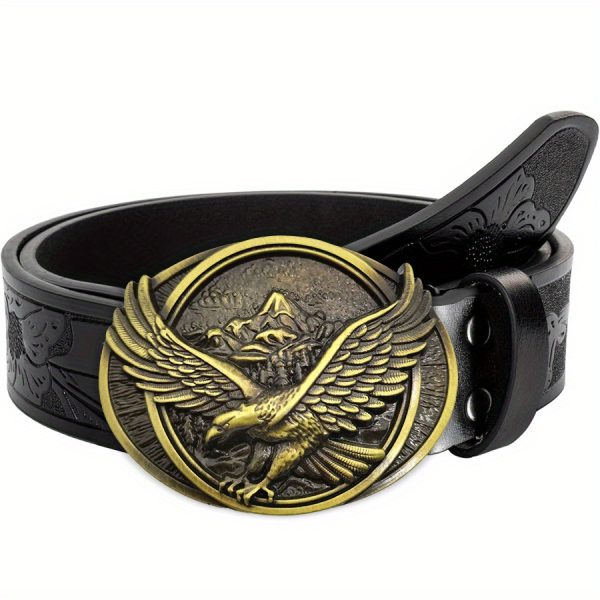 eagle style western cowboy faux leather vintage belt jeans belt role playing costume decoration men's and women's universal irregular pattern carved flower long horn cowhide belt