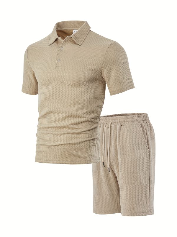 the short sleeved polo collar top is classic while maintaining a sense of style. its main body is paired with a unique texture, exuding a high end feel in its simplicity. the shorts in the same color scheme come with a drawstring design