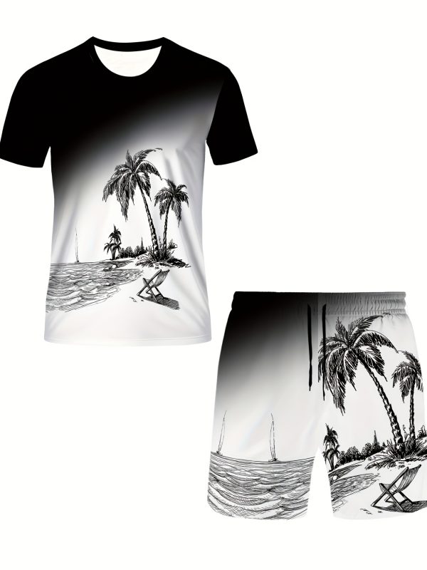 mens summer escape tropical coconut trees pattern 2 piece set lightweight casual t shirt & shorts for fun outdoor adventures