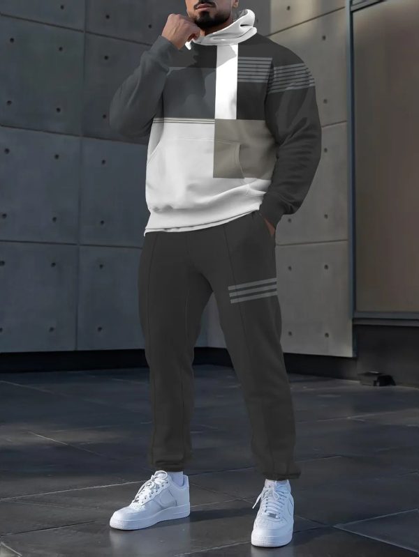 european and american men's casual hooded sweatshirt set, drawstring men's trousers matching, color block color block design, anti wrinkle and sweat absorbing quality, breathable, comfortable and easy to wear, fashionable western folk style, a must h