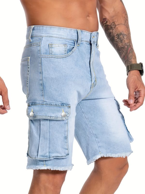 men's light blue washed frayed hem denim cargo shorts slim fit high waisted stretch mid length with multiple utility pockets, machine washable casual streetwear for spring & summer, relaxed street style, high waisted shorts