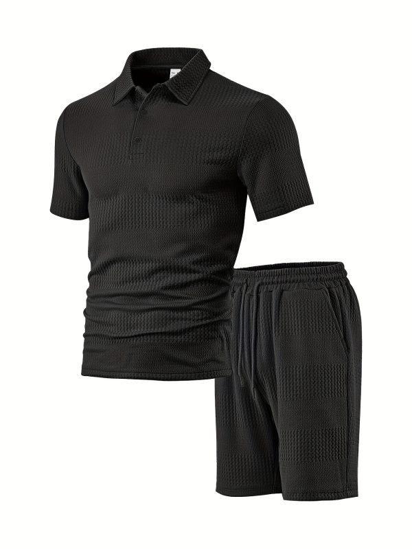 the short sleeved polo collar top is classic while maintaining a sense of style. its main body is paired with a unique texture, exuding a high end feel in its simplicity. the shorts in the same color scheme come with a drawstring design