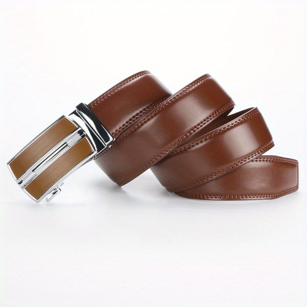 2pcs genuine leather ratchet belt for men adjustable automatic buckle, versatile casual business style, durable alloy buckle, high quality leather panel, easy to wear and suitable for any occasion