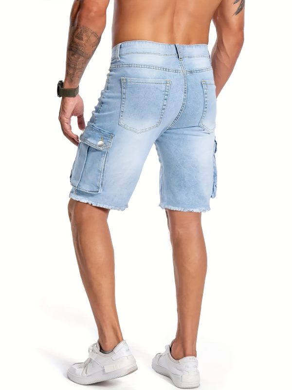 men's light blue washed frayed hem denim cargo shorts slim fit high waisted stretch mid length with multiple utility pockets, machine washable casual streetwear for spring & summer, relaxed street style, high waisted shorts