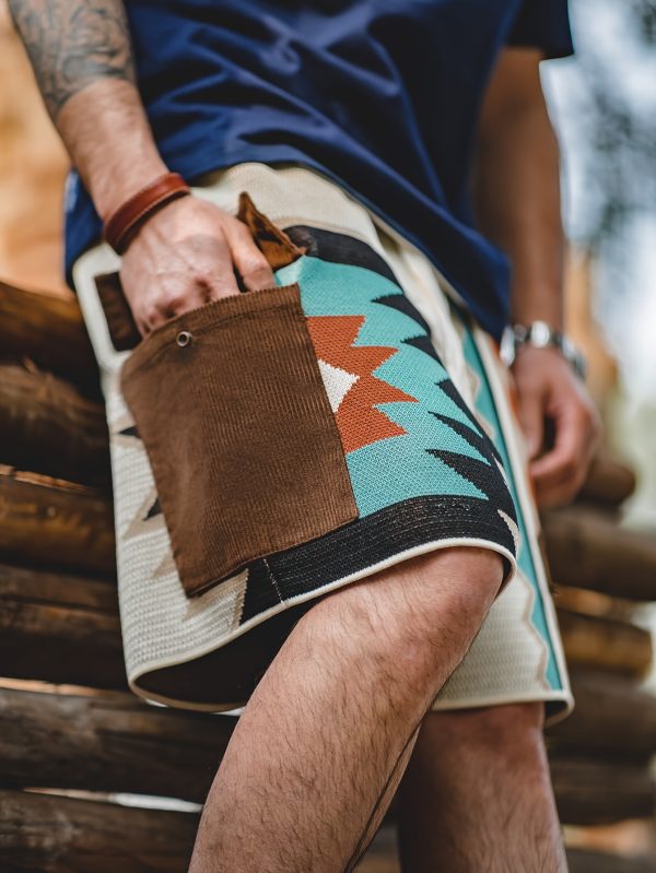 maden men's retro ethnic pattern knit shorts with drawstrings, casual trendy loose board shorts for summer vacations