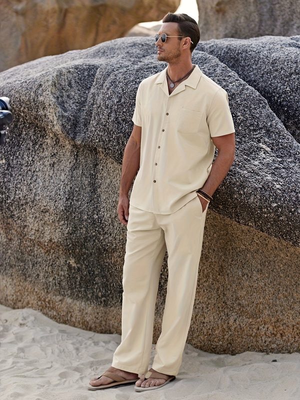 men 2pcs linen outfit beach button shirt casual loose pant sets