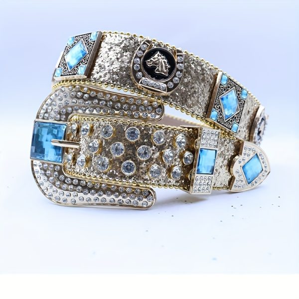 blue bling rhinestone belt unisex y2k punk style alloy buckle, large size, sequined & gemstone embellished, faux leather panels for jeans, casual attire, casual wear belt | y2k fashion belt | alloy buckle belt