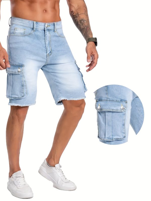 men's light blue washed frayed hem denim cargo shorts slim fit high waisted stretch mid length with multiple utility pockets, machine washable casual streetwear for spring & summer, relaxed street style, high waisted shorts
