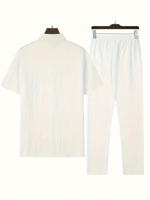 mencasual stripes short sleeve sports suit, button shirt collar and elastic waistband pants, made of polyester textile elastic fiber blend, summertwo piece set, belt detail