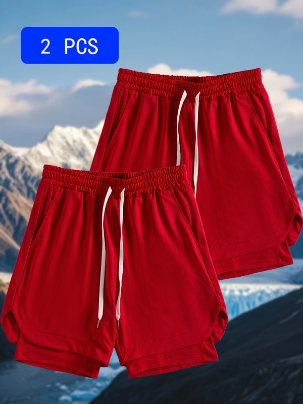 two piece sports non pleated shorts. new summer casual men's fashion shorts. breathable and quick drying material. casual men's sports shorts with pockets and drawstrings.