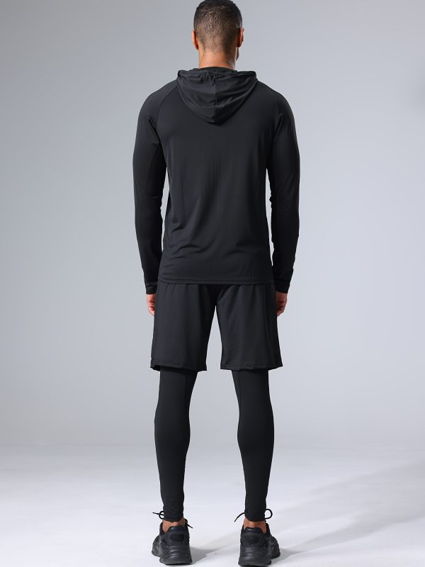 4pcs athletic sportswear set, polyester 95% elastane 5% knit fabric, all season crew neck hoodie, skinny fit solid color, breathable quick dry for running, fitness, cycling & outdoor activities