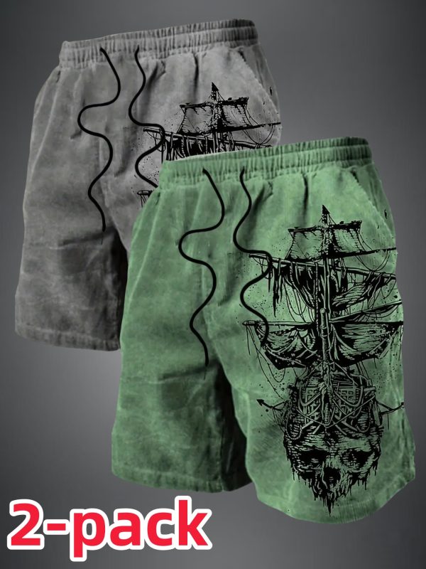 2 pack, men's casual beach shorts with 3d compass and nautical chart print stretch, comfortable and breathable, drawstring waist, perfect for summer outings, beaches and festivals