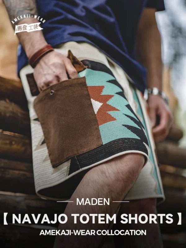 maden men's retro ethnic pattern knit shorts with drawstrings, casual trendy loose board shorts for summer vacations