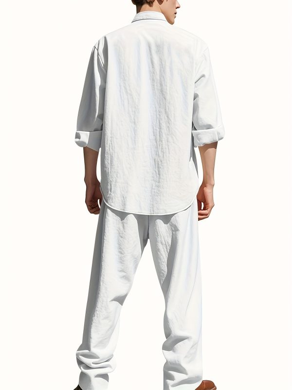 spring and autumn men's long sleeved stand up collar breathable casual pocket shirt fashionable sporty drawstring long pants set