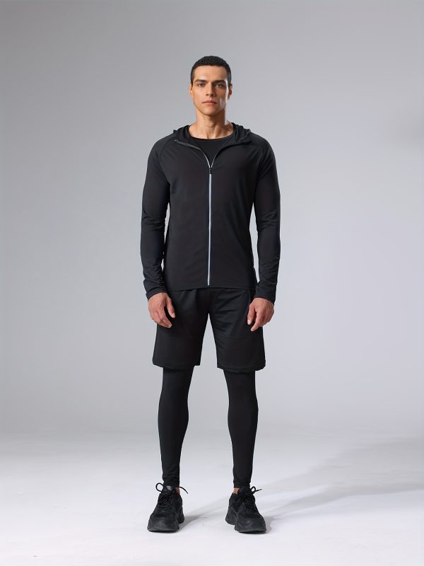 4pcs athletic sportswear set, polyester 95% elastane 5% knit fabric, all season crew neck hoodie, skinny fit solid color, breathable quick dry for running, fitness, cycling & outdoor activities