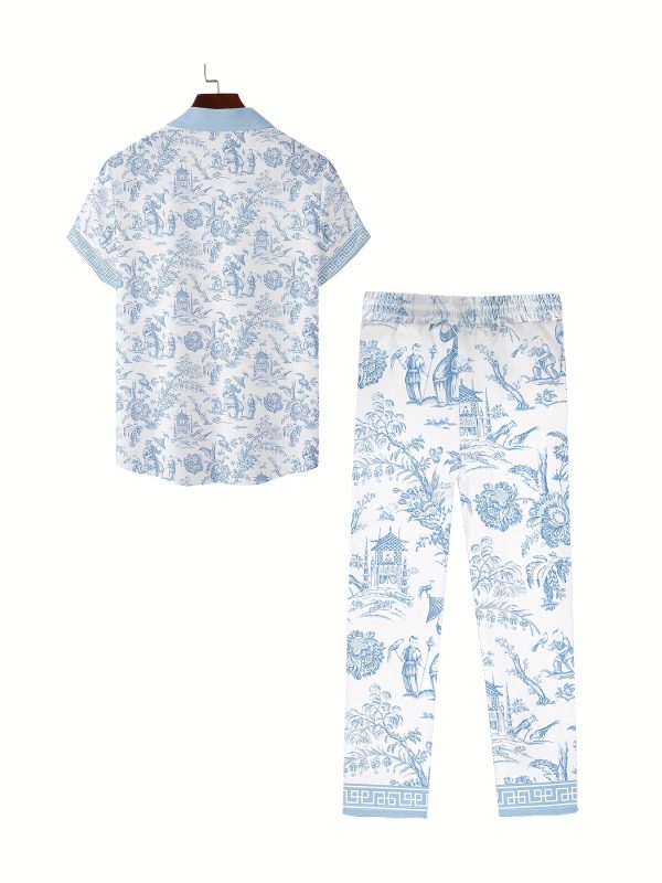 men's stylish light blue floral print short sleeve shirt & pants set casual polyester, button up with floral pattern, all season wear, casual attire|floral print shirt|polyester fabric