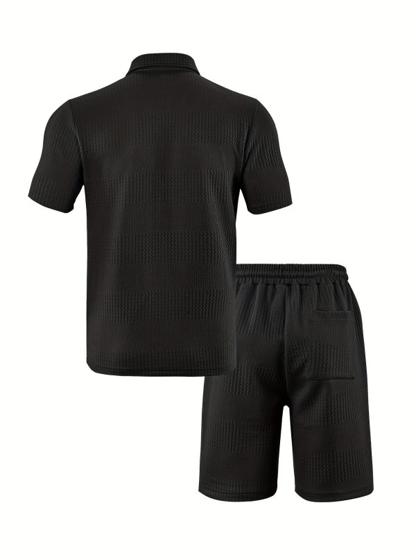 the short sleeved polo collar top is classic while maintaining a sense of style. its main body is paired with a unique texture, exuding a high end feel in its simplicity. the shorts in the same color scheme come with a drawstring design