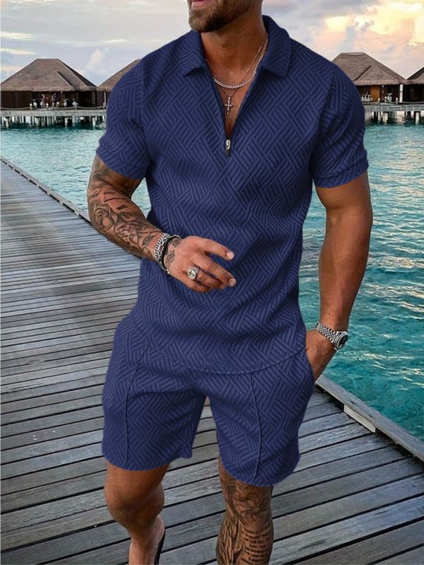 men's colorblock zip neck polo shirt with short sleeves and shorts casual and comfortable vacation set