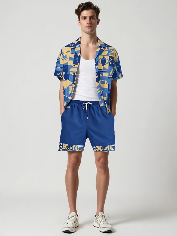 men's casual outfit consisting of a yangshao culture print short sleeved shirt and patchwork printed shorts, two piece set