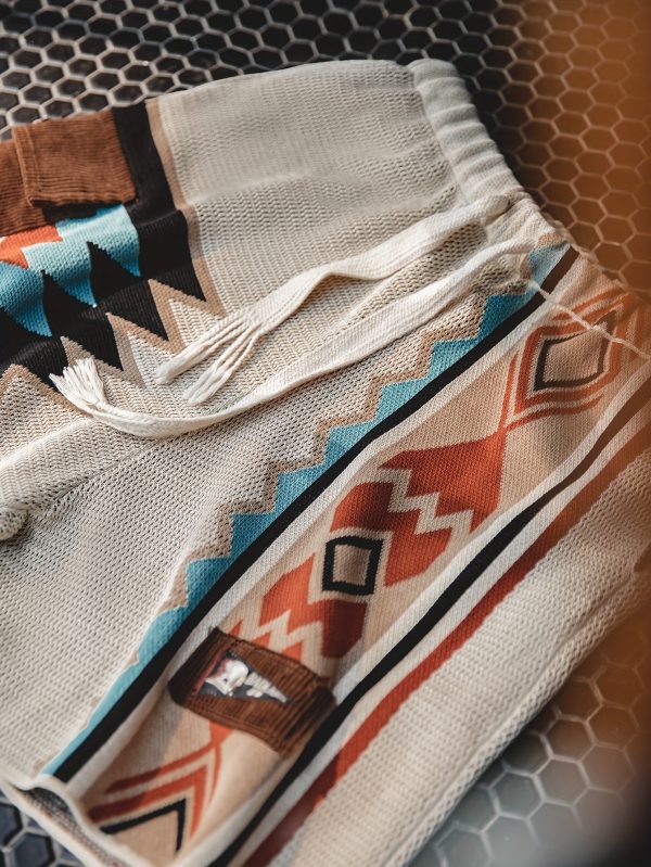 maden men's retro ethnic pattern knit shorts with drawstrings, casual trendy loose board shorts for summer vacations