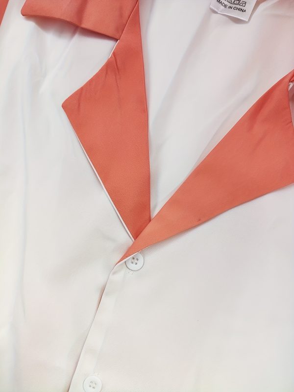 men's casual orange & white geometric print short sleeve shirt & pants set comfortable polyester, short sleeve shirt with pocket detail, all season wear, casual attire|geometric print shirt|polyester fabric