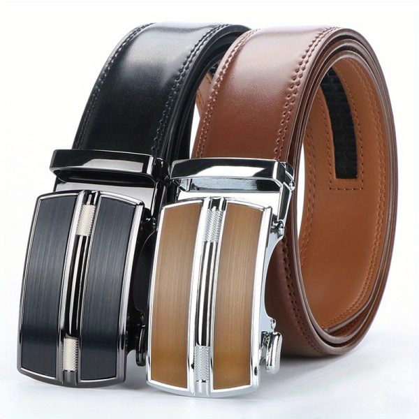 2pcs genuine leather ratchet belt for men adjustable automatic buckle, versatile casual business style, durable alloy buckle, high quality leather panel, easy to wear and suitable for any occasion