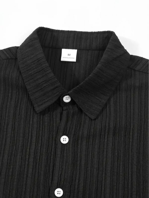 mencasual stripes short sleeve sports suit, button shirt collar and elastic waistband pants, made of polyester textile elastic fiber blend, summertwo piece set, belt detail