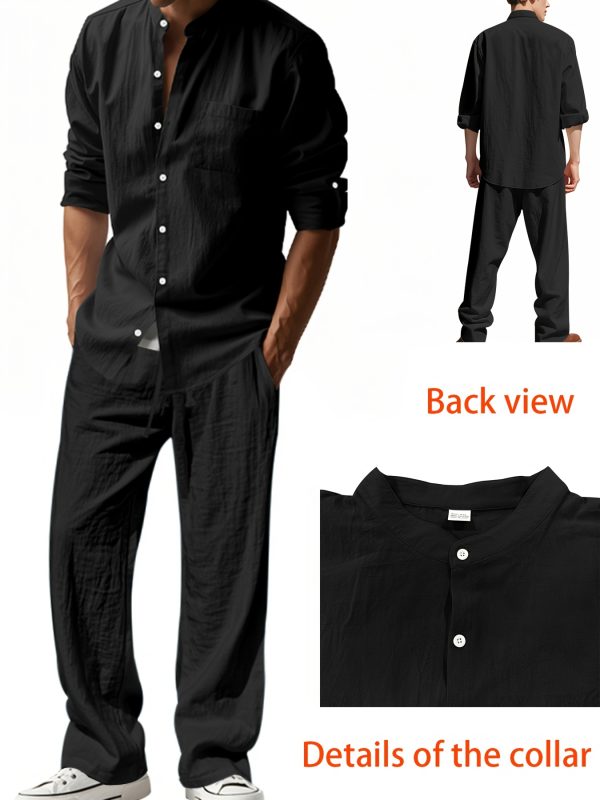 spring and autumn men's long sleeved stand up collar breathable casual pocket shirt fashionable sporty drawstring long pants set