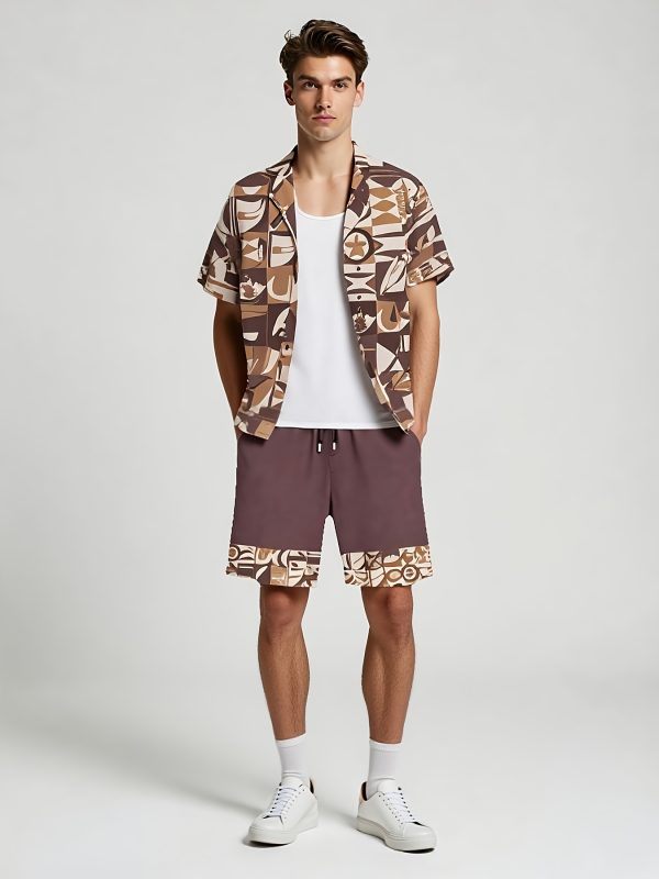 men's casual outfit consisting of a yangshao culture print short sleeved shirt and patchwork printed shorts, two piece set
