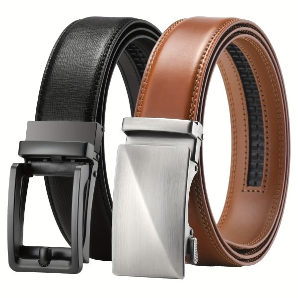2pcs men's leather belt, slide belt with premium leather, ratchet dress belt with automatic click buckle