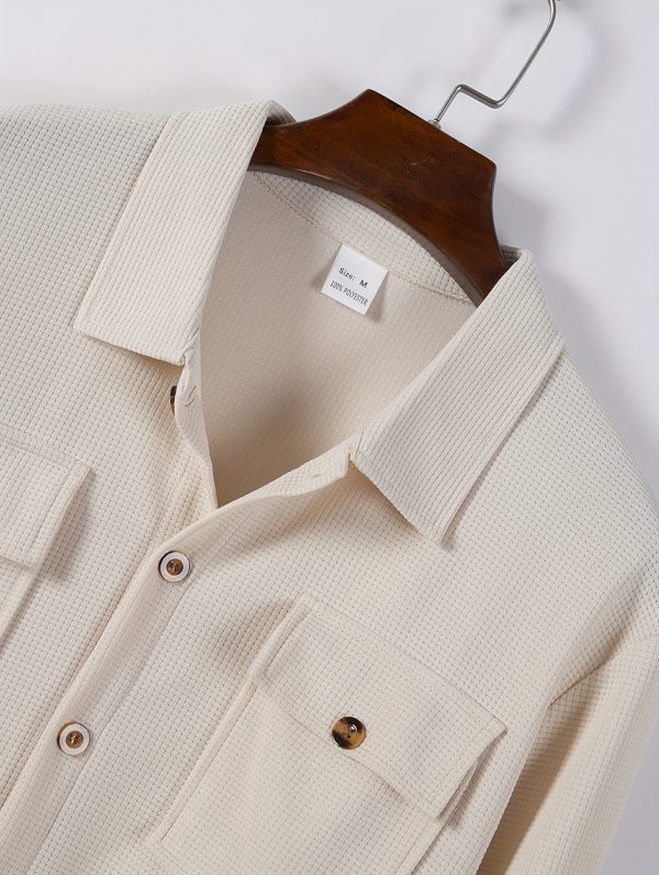 men's waffle knit two piece set pocket shirt jacket and drawstring trousers, urban smart casual outfit