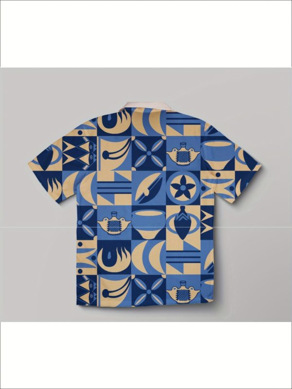 men's casual outfit consisting of a yangshao culture print short sleeved shirt and patchwork printed shorts, two piece set