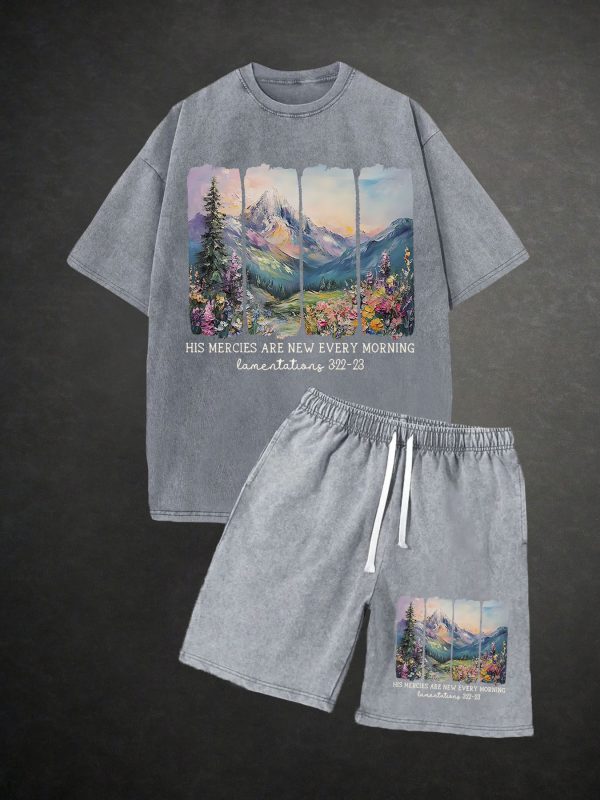 men's washed retro wax printed cotton t shirt 230g, 290g washed retro shorts, mountain view and floral interwoven print suitable for summer wear, outdoor sports, casual shorts t shirt shorts set