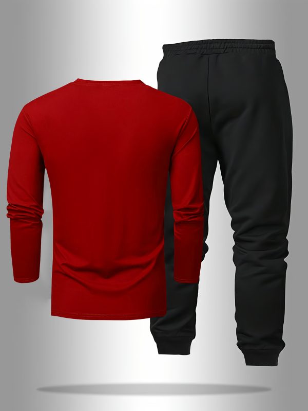 men's long sleeve t shirt and pants set, letter print round neck long sleeve tee + drawstring casual sport pants 2pcs set, spring autumn outdoor leisure suit