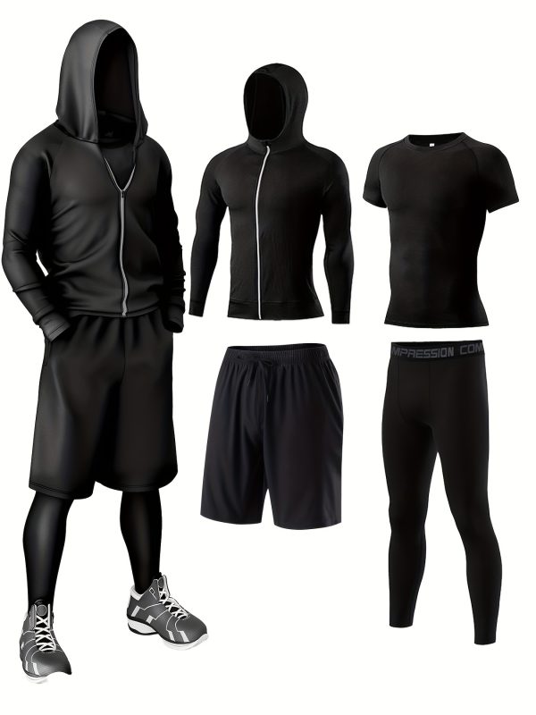 4pcs athletic sportswear set, polyester 95% elastane 5% knit fabric, all season crew neck hoodie, skinny fit solid color, breathable quick dry for running, fitness, cycling & outdoor activities