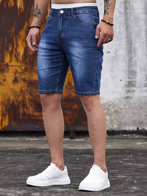 men's slim fit straight leg summer denim shorts lightweight mid length knee length dark blue denim, machine washable casual shorts for hot weather, jean shorts
