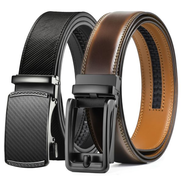 2pcs men's leather belt, slide belt with premium leather, ratchet dress belt with automatic click buckle