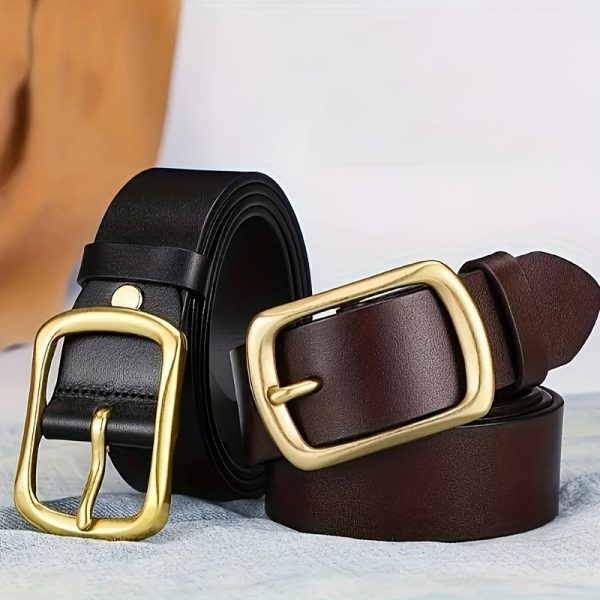 1pc men's genuine leather belt with golden tone alloy buckle adjustable minimalist design, black & brown straps for casual & formal wear durable everyday accessory, perfect gift for men, sturdy construction