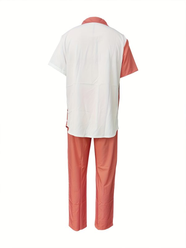 men's casual orange & white geometric print short sleeve shirt & pants set comfortable polyester, short sleeve shirt with pocket detail, all season wear, casual attire|geometric print shirt|polyester fabric