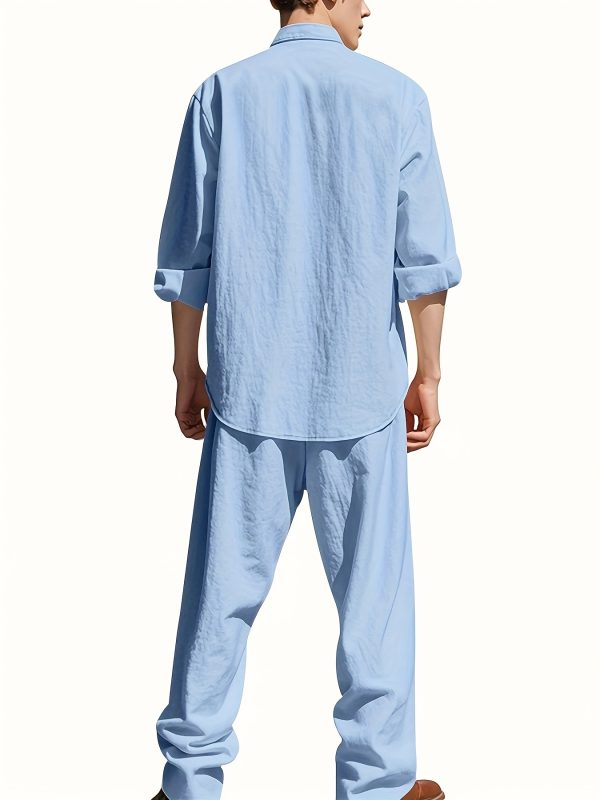 spring and autumn men's long sleeved stand up collar breathable casual pocket shirt fashionable sporty drawstring long pants set