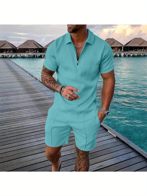 men's colorblock zip neck polo shirt with short sleeves and shorts casual and comfortable vacation set